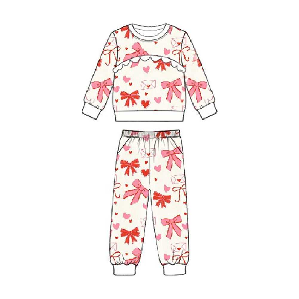 ( Moq 5 ) Preorder Baby Girls Long Sleeves Hearts Bows Shirt Pockets Pants Valentine Clothes Set