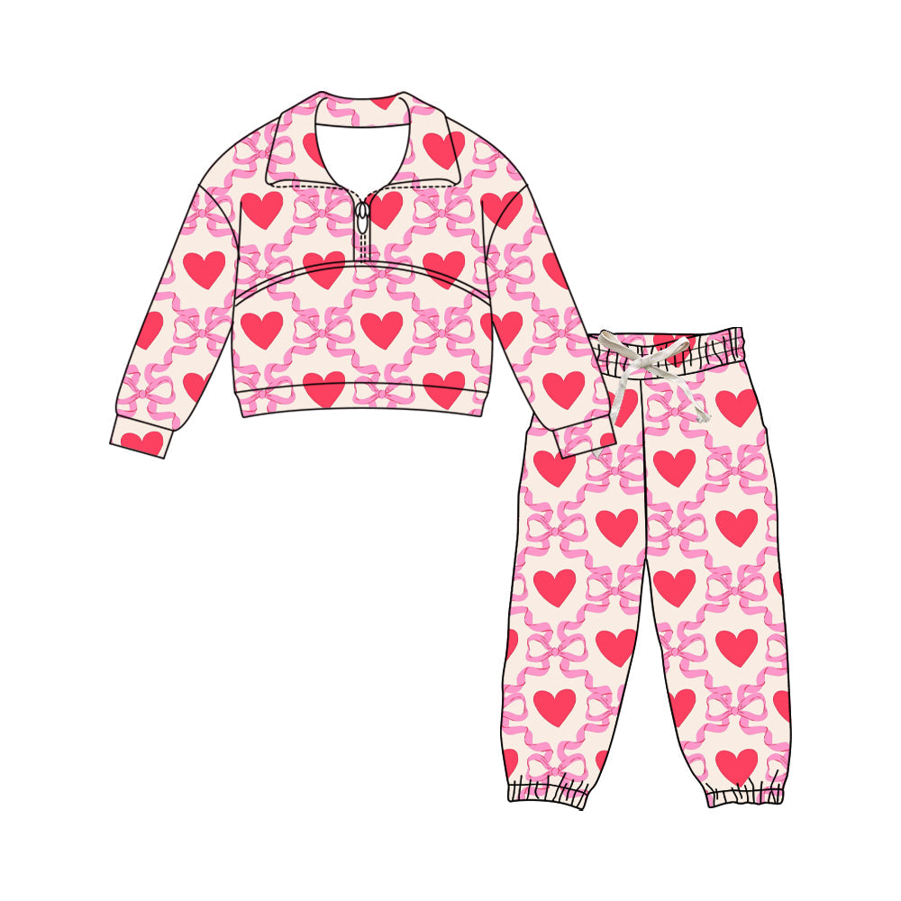 ( Moq 5 ) Preorder Baby Girls Long Sleeves Hearts Bows Zipper Shirt Pants Valentine Clothes Set