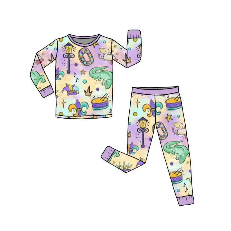 ( Moq 5 ) Preorder Baby Girl Kids Long Sleeves Anchors Shirt Pants Mardi Gras Pajamas Set