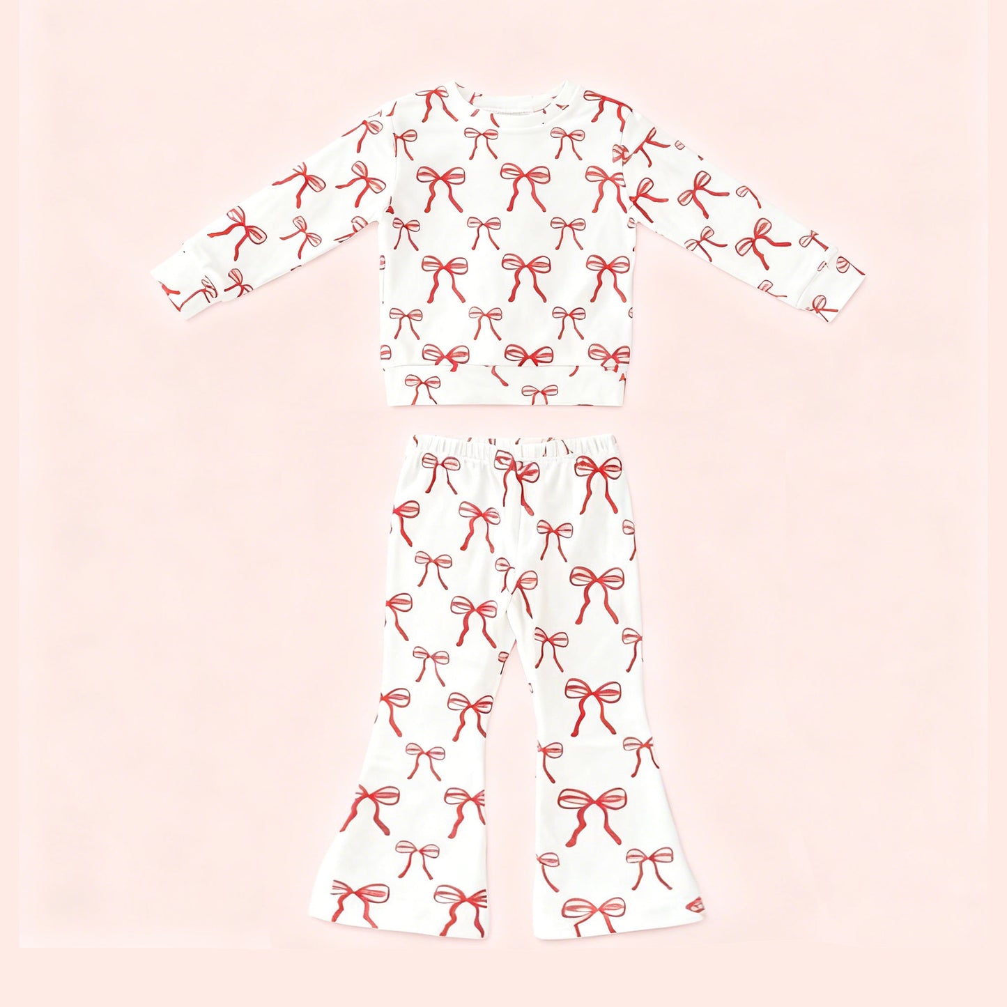 ( Moq 5 ) Preorder Baby Girls Kids Long Sleeves Red Bows Shirt Bell Pants Clothes Set
