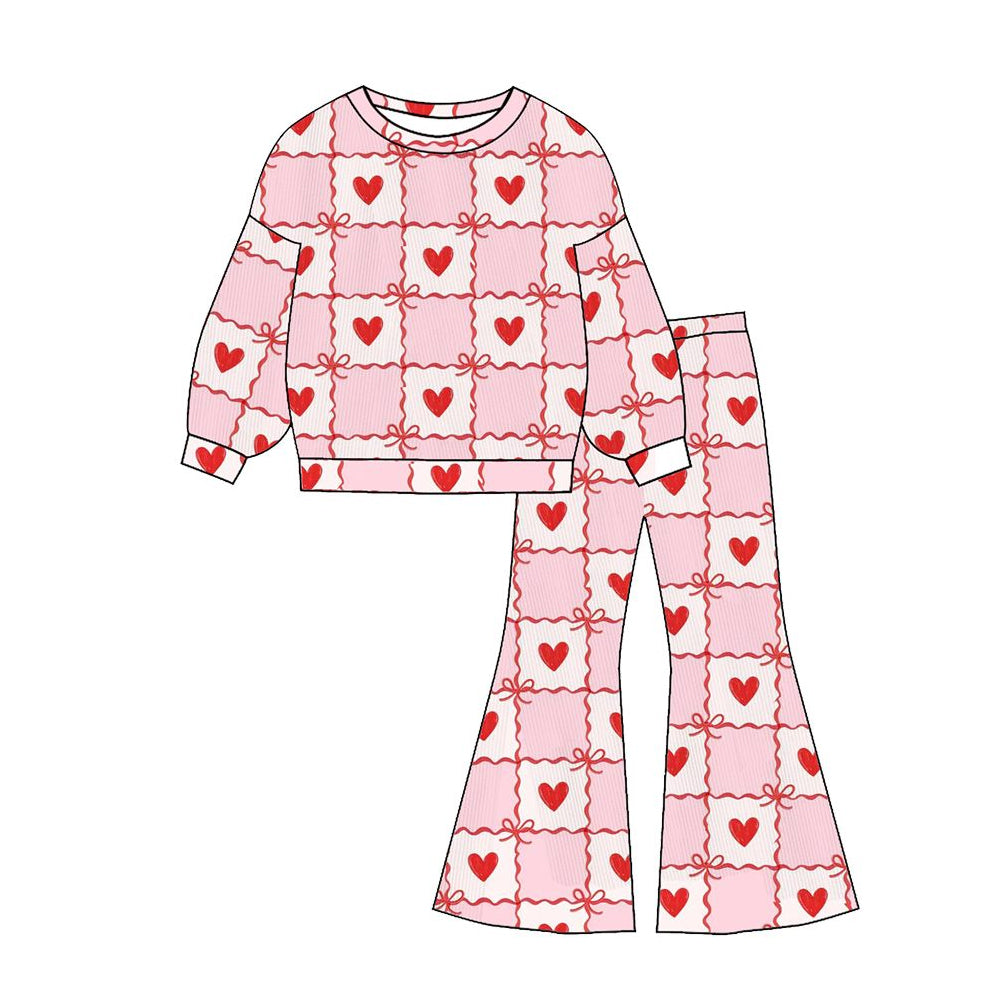 ( Moq 5 ) Preorder Baby Girls Long Sleeves Bows Hearts Checked Shirt Bell Pants Valentines Outfit
