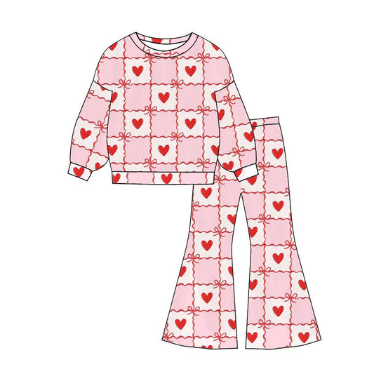 ( Moq 5 ) Preorder Baby Girls Long Sleeves Bows Hearts Checked Shirt Bell Pants Valentines Outfit