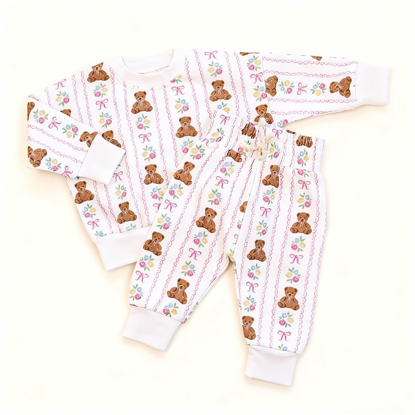 ( Moq 5 ) Preorder Baby Girls Kids Long Sleeves Bear Flower Bows Shirt Pants Clothes Set