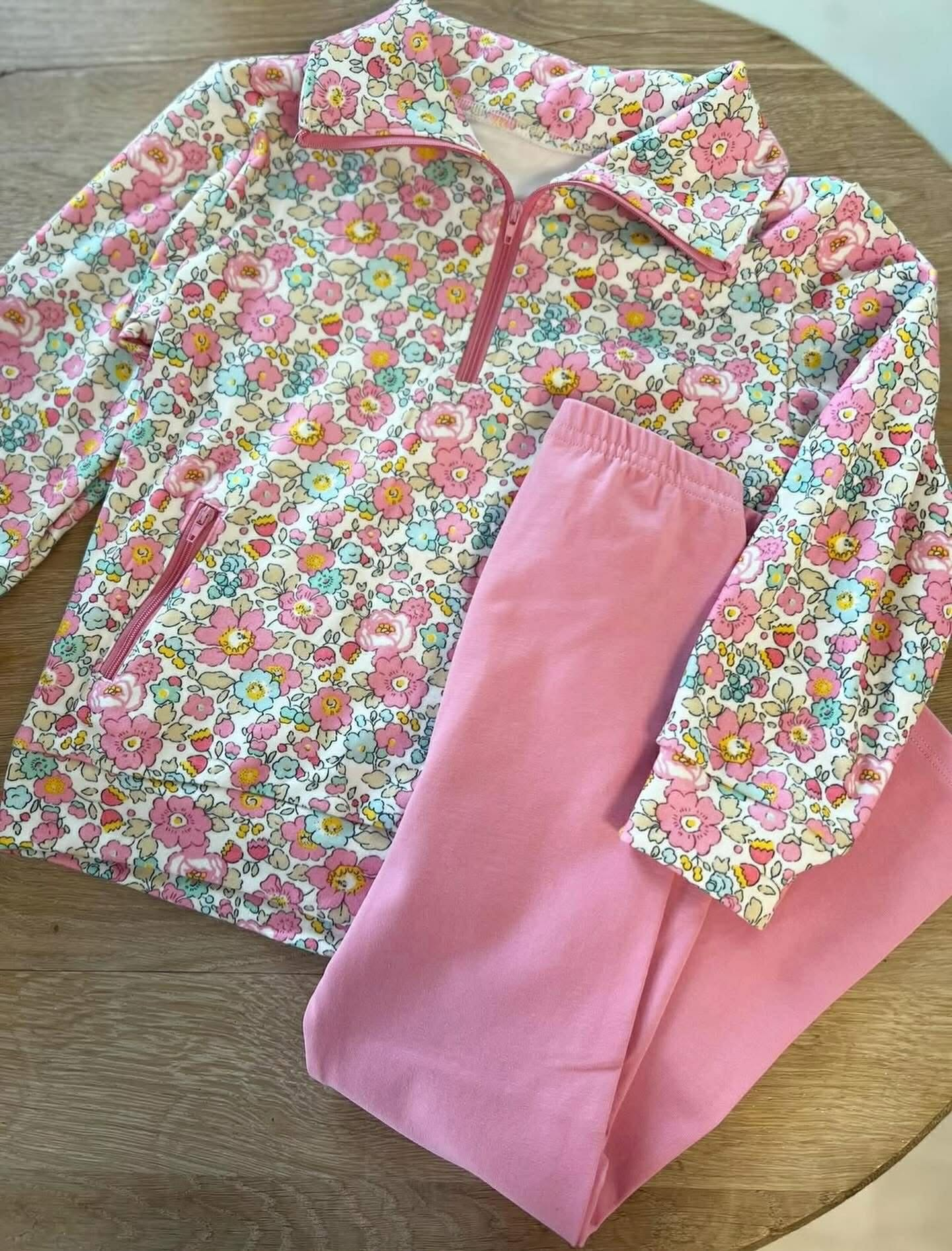 ( Moq 5 ) Preorder Baby Girls Long Sleeves Zipper Pockets Flower Pullover Pink Pants Set
