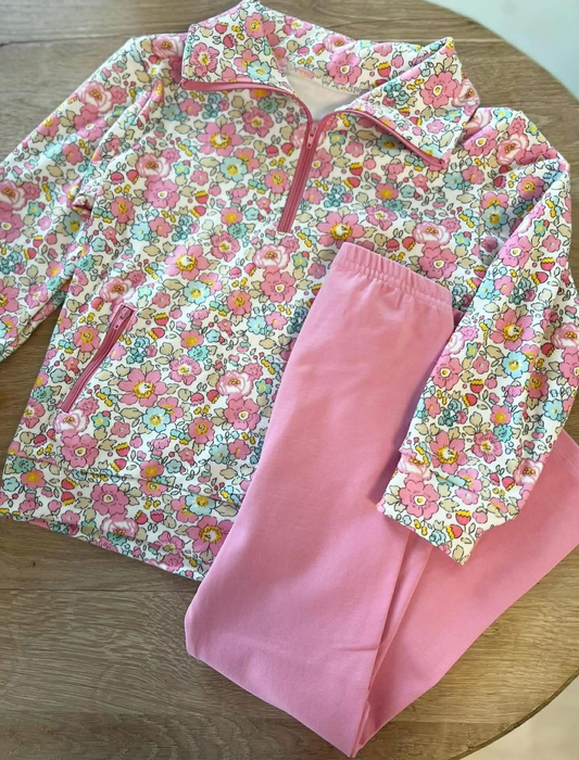 ( Moq 5 ) Preorder Baby Girls Long Sleeves Zipper Pockets Flower Pullover Pink Pants Set