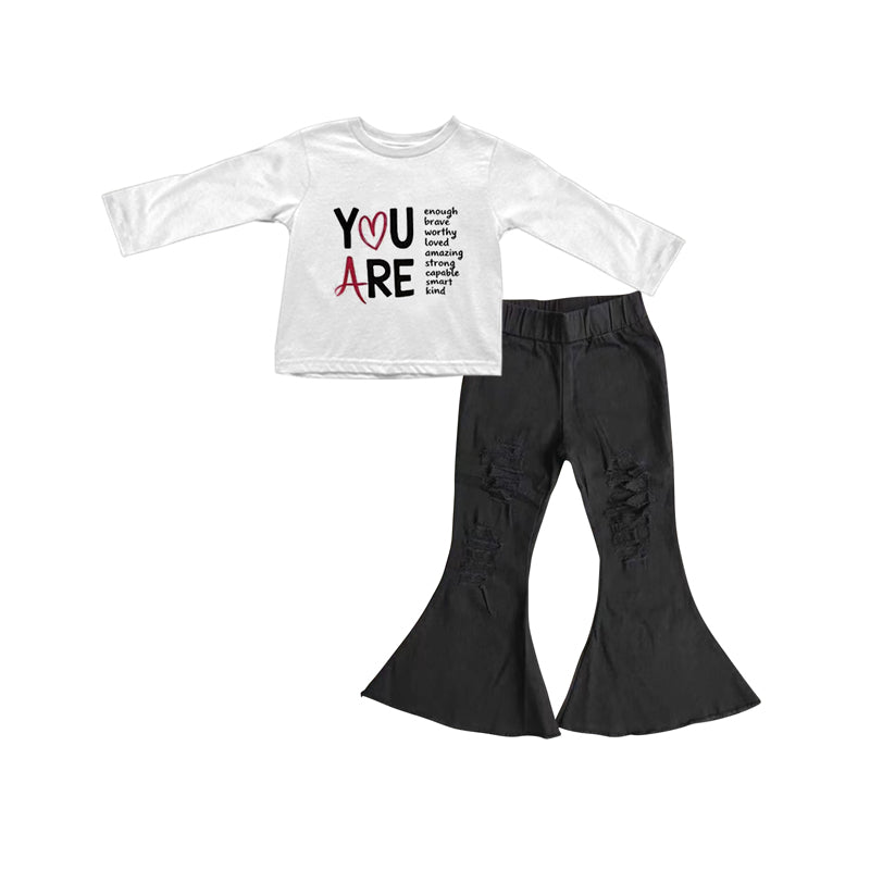 ( Moq 5 ) Preorder Baby Girls Long Sleeves Heart  Shirt Black Bell Pants Valentines Clothes Set