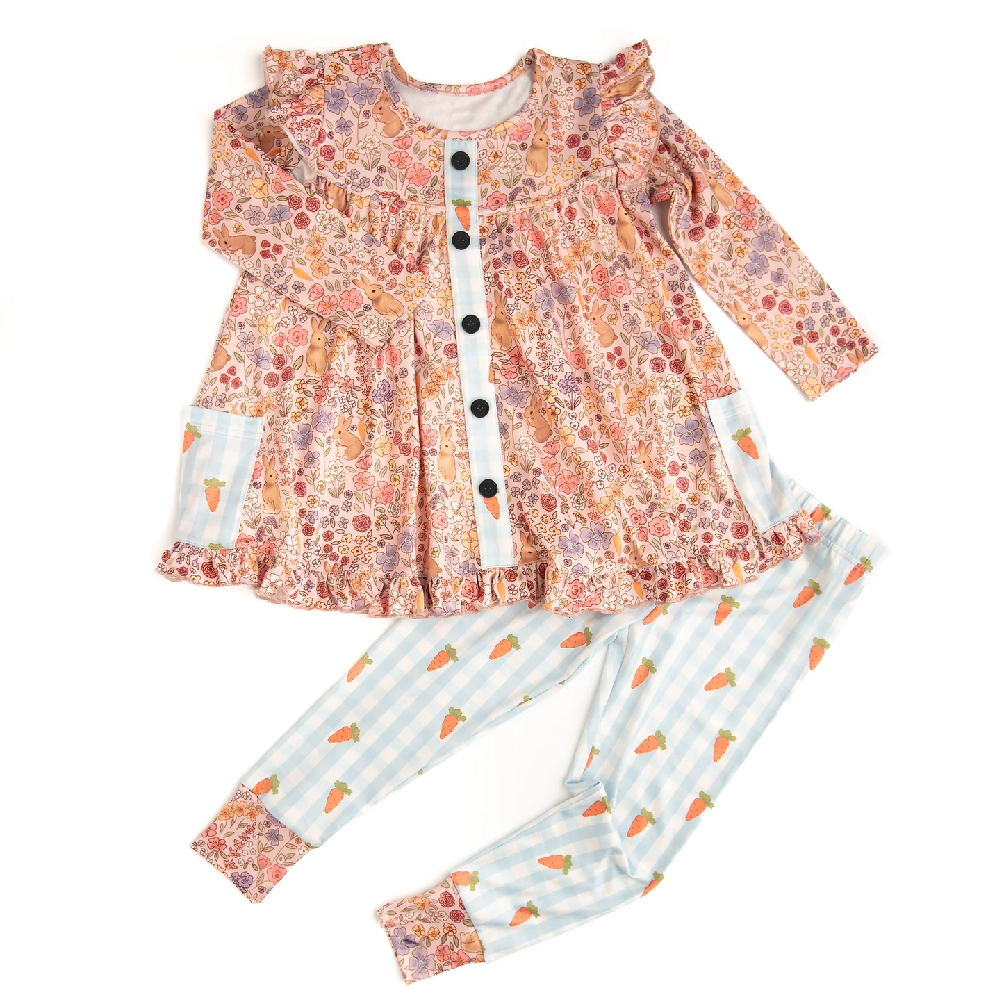 ( Moq 5 ) Preorder Baby Girls Floral Rabbits Pockets Tunic Carrots Pants Easter Clothes Set