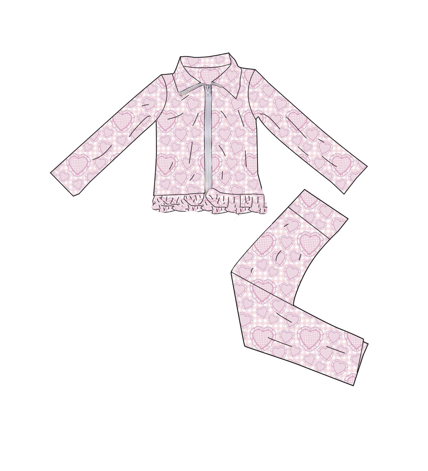 ( Moq 5 ) Preorder Baby Girls Long Sleeves Hearts Zipper Ruffle Jacket Pants Valentines Yoga Pink Set