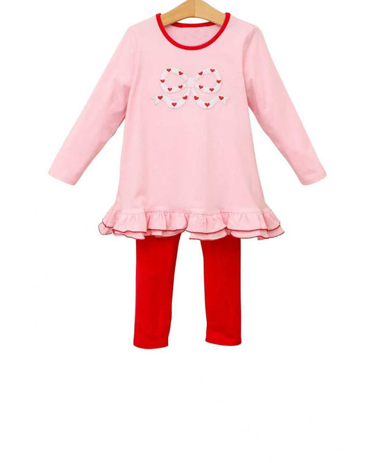 ( Moq 5 ) Preorder Baby Girls Long Sleeves Hearts Bows Ruffle Tunic Red Leggings Valentines Set