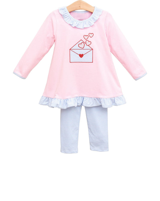 ( Moq 5 ) Preorder Baby Girls Long Sleeves Hearts Letter Tunic Stripes Pants Valentines Set