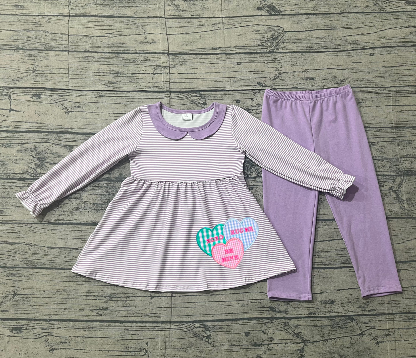 ( No moq ) Preorder Baby Girls Embroidery Hearts Stripes Tunic Purple Leggings Valentines Clothes Set