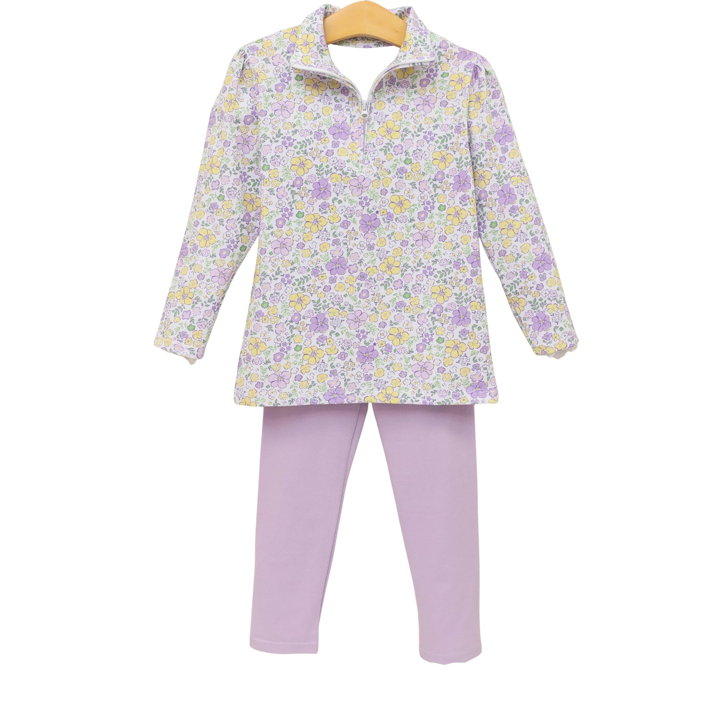 ( Moq 5 ) Preorder Baby Girls Long Sleeves Flower Zipper Shirt Lavender Pants Yoga Clothes Set
