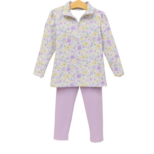 ( Moq 5 ) Preorder Baby Girls Long Sleeves Flower Zipper Shirt Lavender Pants Yoga Clothes Set