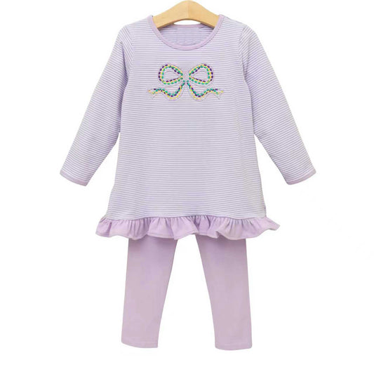 ( Moq 5 ) Preorder Baby Girls Kids Long Sleeves Bow Stripes Tops Purple Leggings Mardi Gras Set