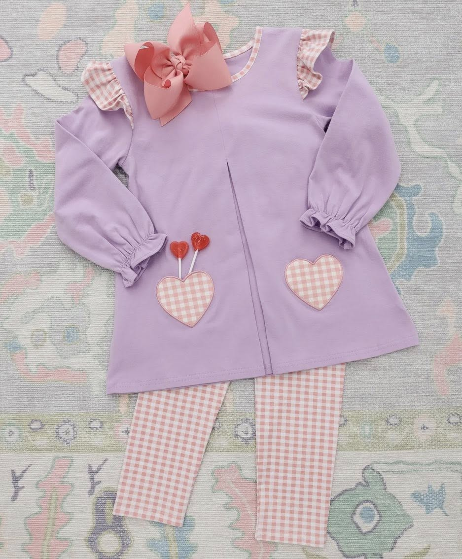 ( Moq 5 ) Preorder Baby Girls Long Sleeves Hearts Purple Tunic Plaid Pants Valentines Clothes Set