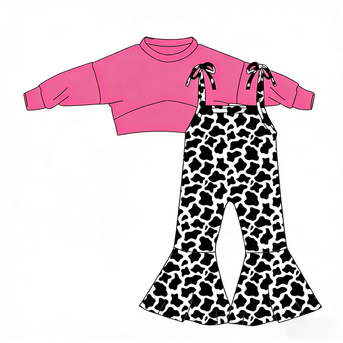 ( Moq 5 ) Preorder Baby Girls Long Sleeves Pink Tops Western Cow Print Jumpsuit Set