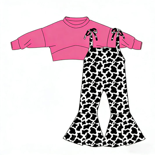 ( Moq 5 ) Preorder Baby Girls Long Sleeves Pink Tops Western Cow Print Jumpsuit Set