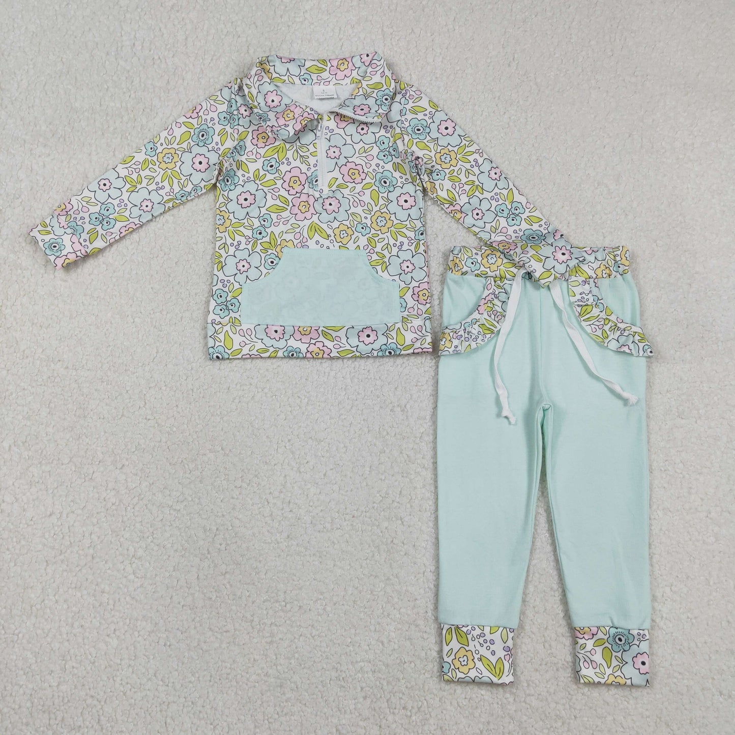 Sibling Baby Girls Toddler Long Sleeves Flower Zipper Shirts Pockets Pants Clothes Sets RTS