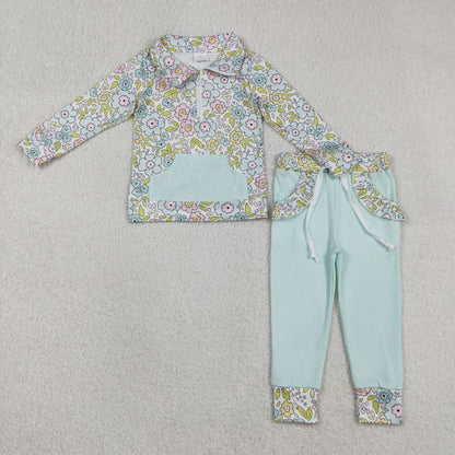 Sibling Baby Girls Toddler Long Sleeves Flower Zipper Shirts Pockets Pants Clothes Sets RTS