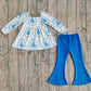 Baby Girls Kids Long Sleeves Castles Bows Stripes Tunic Blue Pants Clothes Set RTS