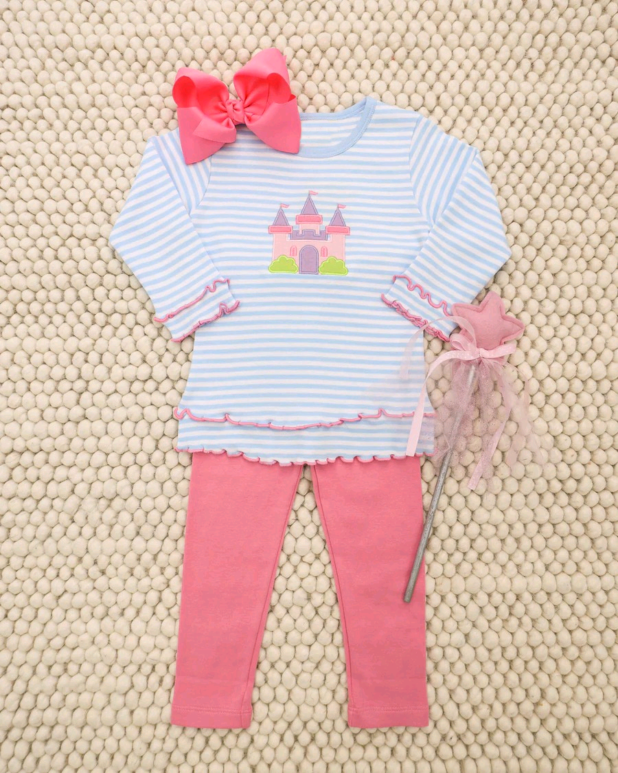 ( Moq 5 ) Preorder Baby Girls Long Sleeves Castle Stripes Tops Leggings Pants Clothes Set