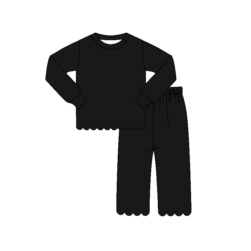 ( Moq 5 ) Preorder Baby Girls Kids Long Sleeves Shirt Pants Set Pajamas Scallop Black Clothes