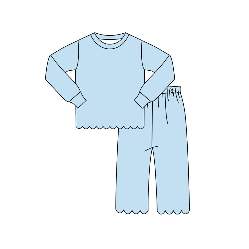 ( Moq 5 ) Preorder Baby Girls Kids Long Sleeves Blue Shirt Pants Set Pajamas Scallop Clothes
