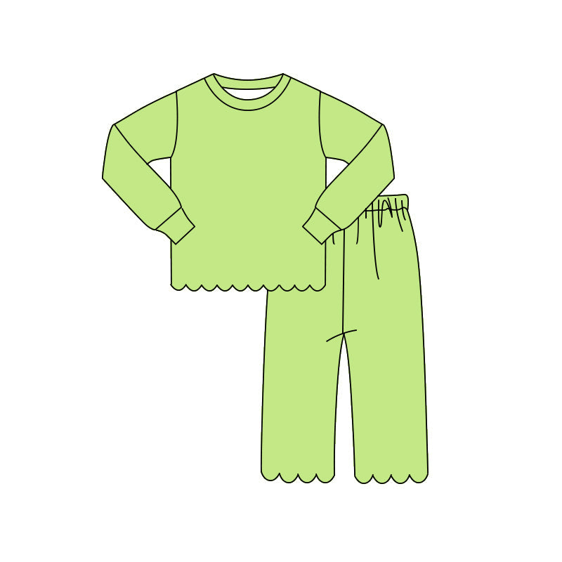 ( Moq 5 ) Preorder Baby Girls Kids Long Sleeves Shirt Pants Set Pajamas Scallop Green Clothes