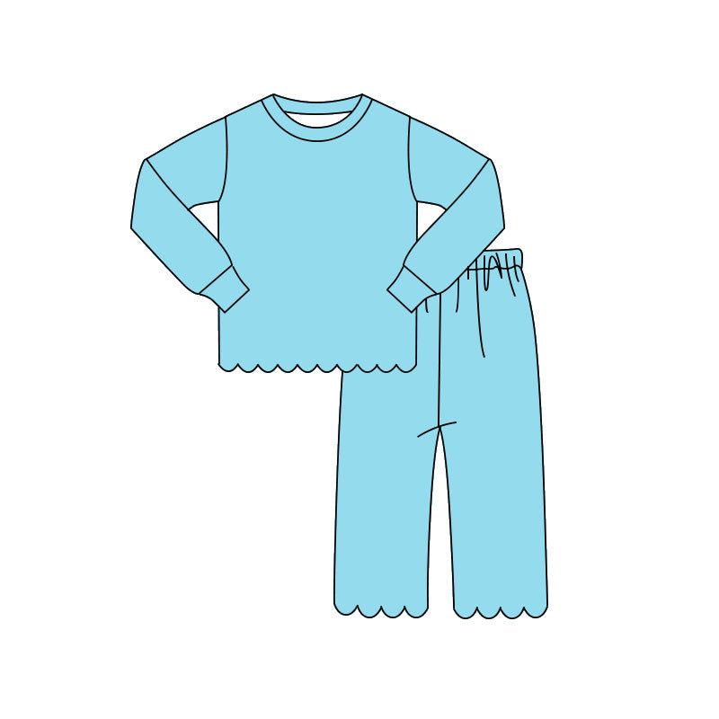 ( Moq 5 ) Preorder Baby Girls Kids Long Sleeves Shirt Pants Set Pajamas Scallop Blue Clothes