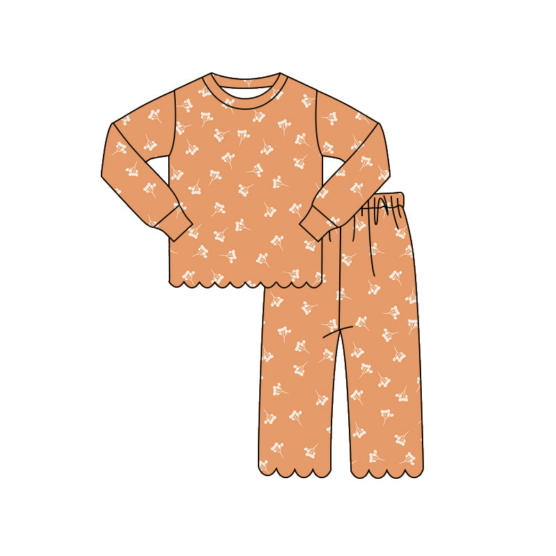 ( Moq 5 ) Preorder Baby Girls Kids Long Sleeves Flower Shirt Scallop Pants Set Orange Pajamas Clothes