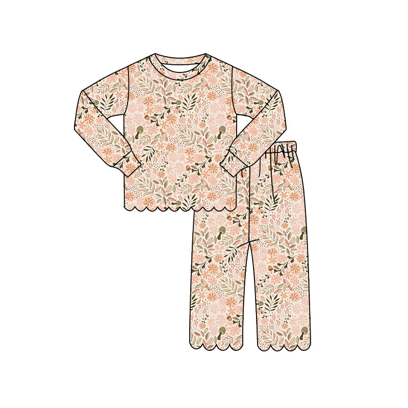( Moq 5 ) Preorder Baby Girls Kids Long Sleeves Shirt Scallop Pants Set Flower Pajamas Clothes