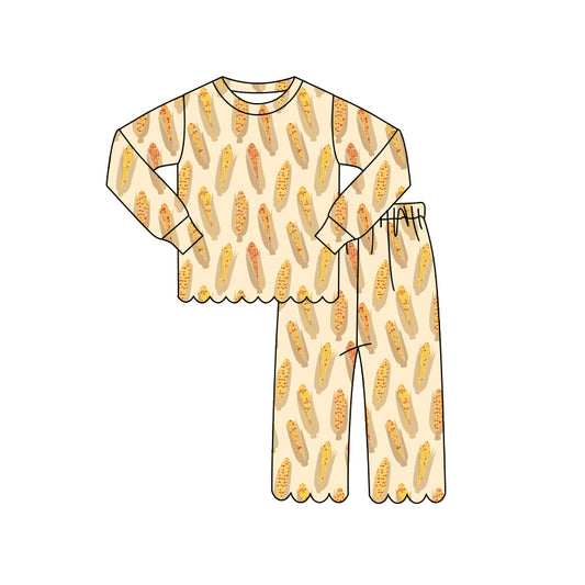 ( Moq 5 ) Preorder Baby Girls Kids Long Sleeves Shirt Scallop Pants Set Corn Pajamas Clothes