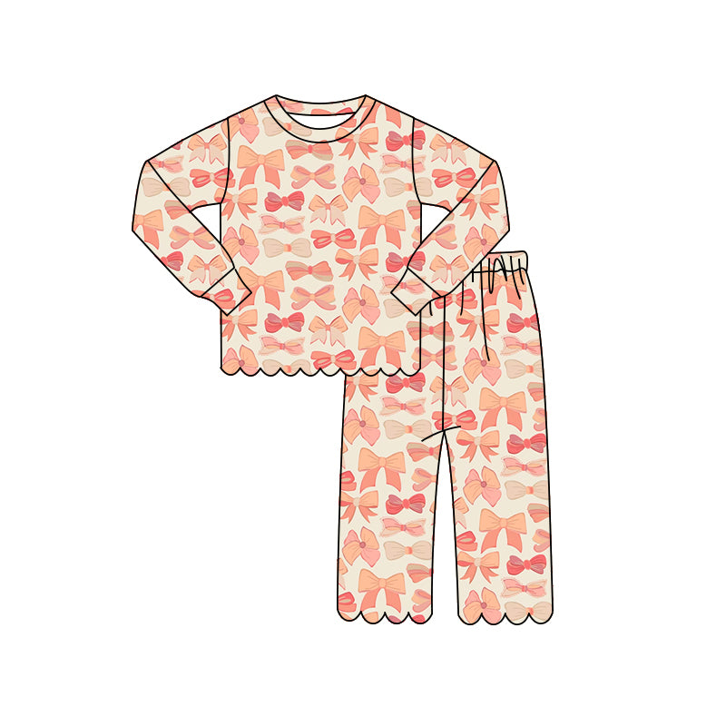 ( Moq 5 ) Preorder Baby Girls Kids Long Sleeves Shirt Scallop Pants Set Bows Pajamas Clothes