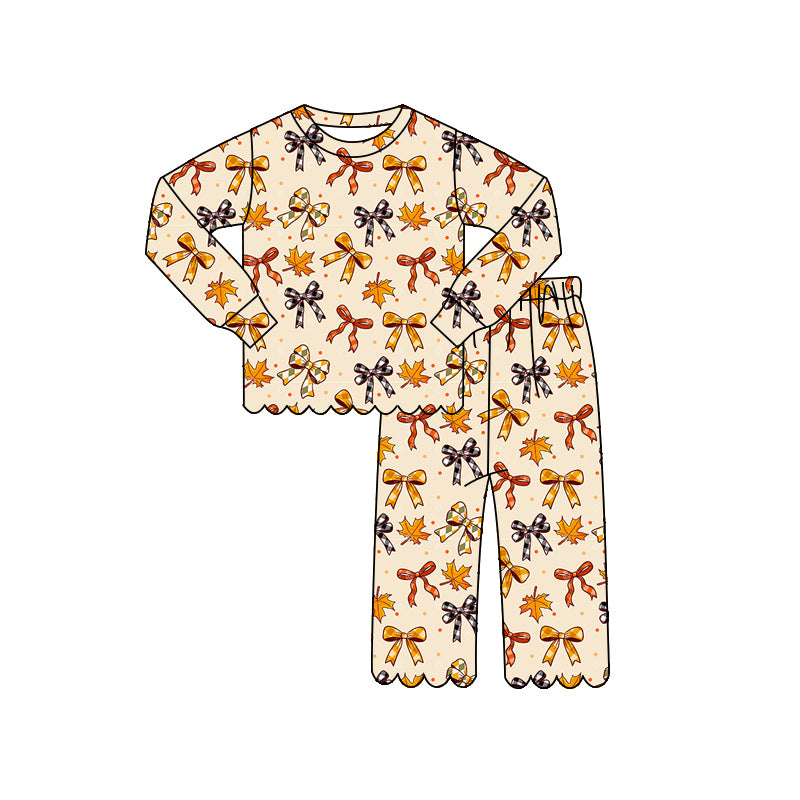 ( Moq 5 ) Preorder Baby Girls Kids Long Sleeves Shirt Scallop Pants Set Bows Leaves Pajamas Clothes