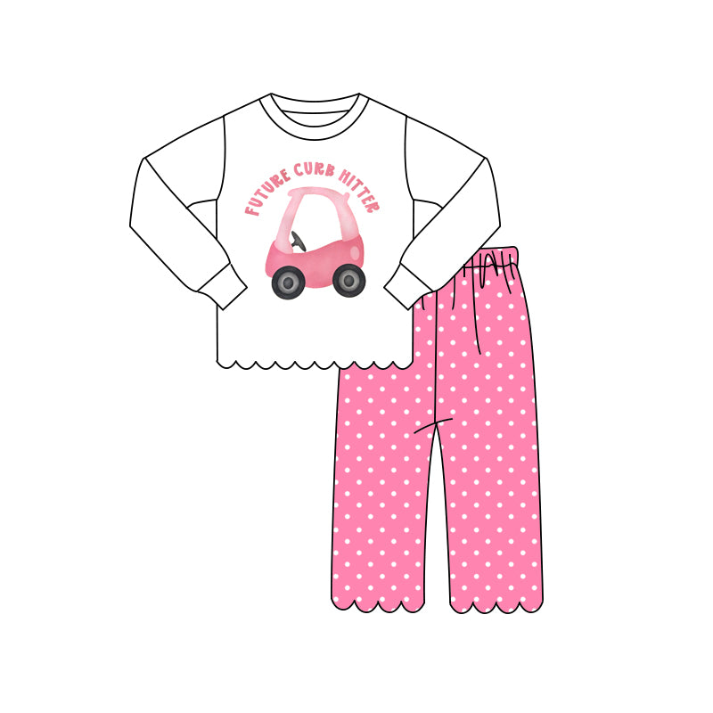 ( Moq 5 ) Preorder Baby Girls Kids Golf Car Shirt Scallop Pink Pants Set Pajamas Clothes