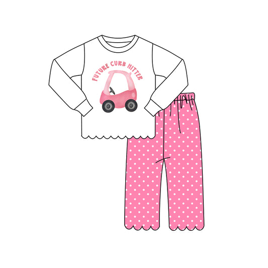 ( Moq 5 ) Preorder Baby Girls Kids Golf Car Shirt Scallop Pink Pants Set Pajamas Clothes