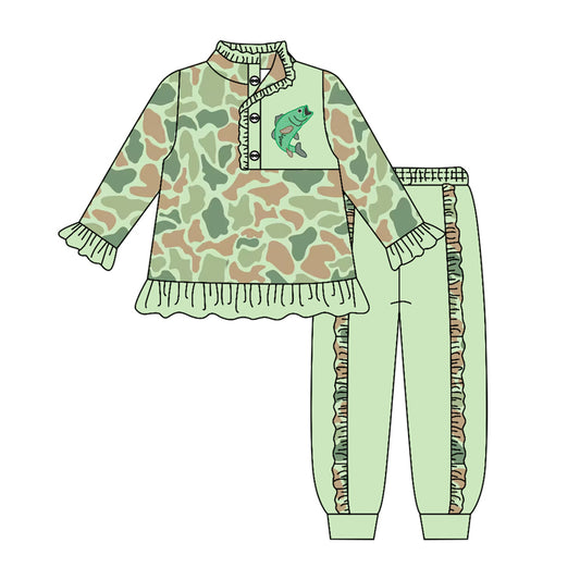 ( Moq 5 ) Preorder Baby Girls Kids Long Sleeves Fish Camo Buttons Shirt Ruffle Green Pants Set Clothes