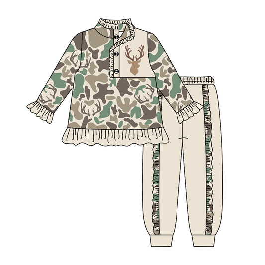 ( Moq 5 ) Preorder Baby Girls Kids Long Sleeves Deer Camo Buttons Shirt Ruffle Pants Set Clothes