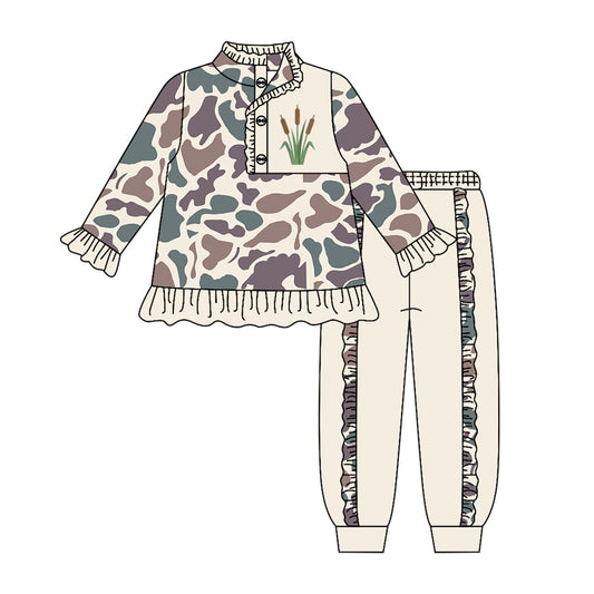 ( Moq 5 ) Preorder Baby Girls Kids Long Sleeves Camo Buttons Shirt Ruffle Pants Set Clothes