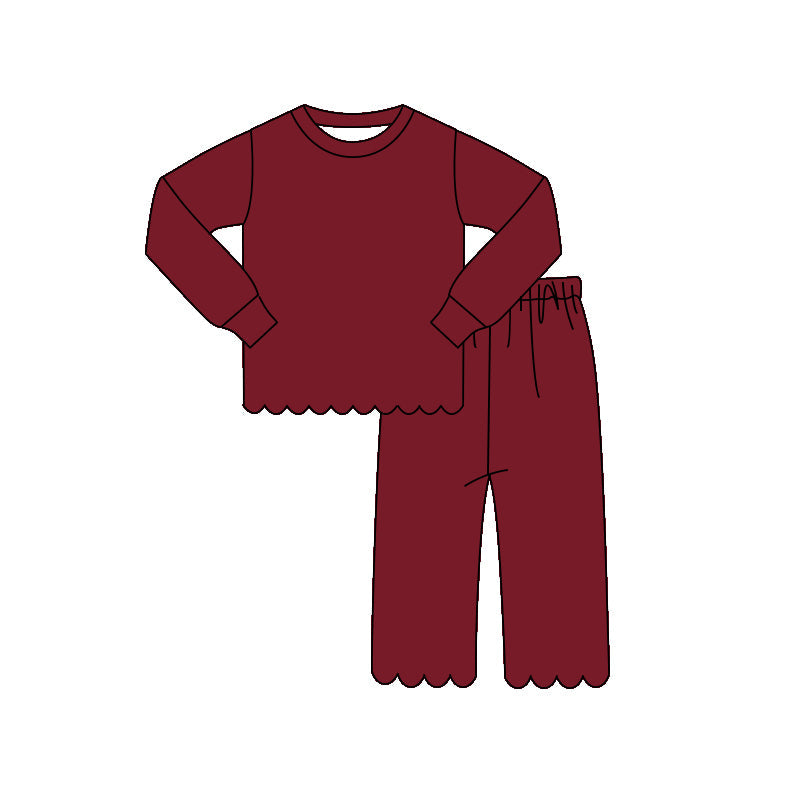 ( Moq 5 ) Preorder Baby Girls Kids Long Sleeves Shirt Scallop Pants Set Pajamas Dark Red Clothes