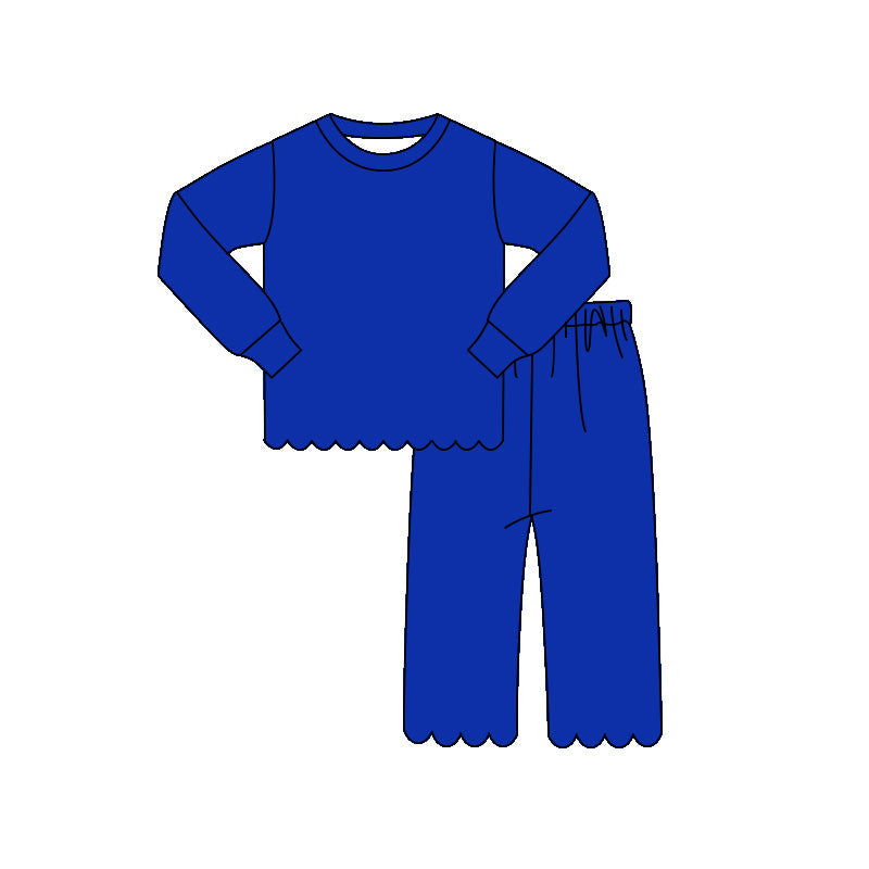 ( Moq 5 ) Preorder Baby Girls Kids Long Sleeves Shirt Scallop Pants Set Pajamas Blue Clothes