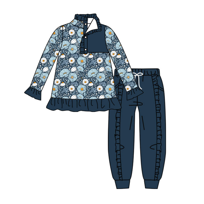 ( Moq 5 ) Preorder Baby Girls Kids Long Sleeves Flower Buttons Pullover Shirt Pocket Pants Blue Set Clothes