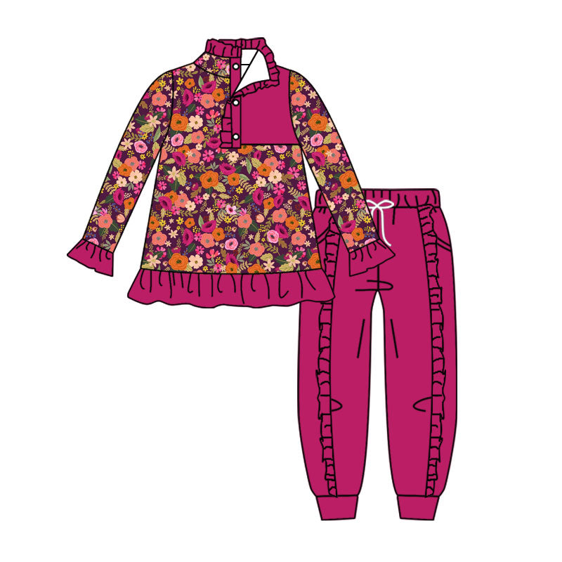 ( Moq 5 ) Preorder Baby Girls Kids Long Sleeves Flower Buttons Pullover Shirt Pockets Pants Set Clothes