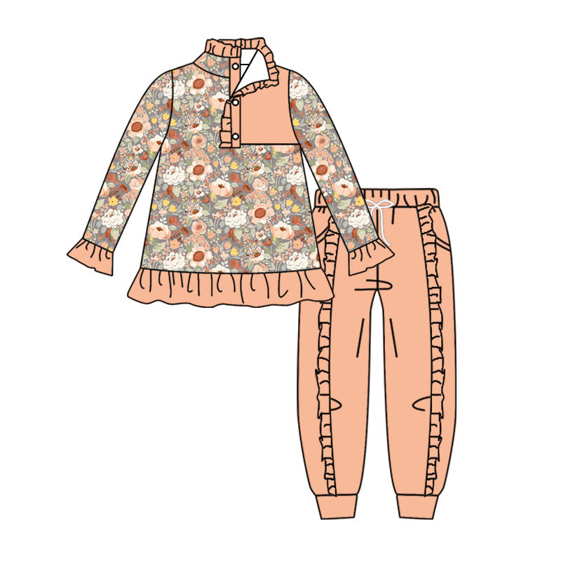 ( Moq 5 ) Preorder Baby Girls Kids Long Sleeves Flower Buttons Pullover Pockets Pants Set Clothes
