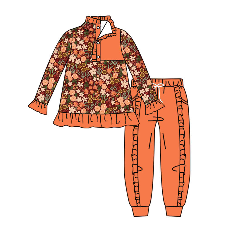 ( Moq 5 ) Preorder Baby Girls Kids Long Sleeves Flower Buttons Shirt Pockets Pants Set Clothes