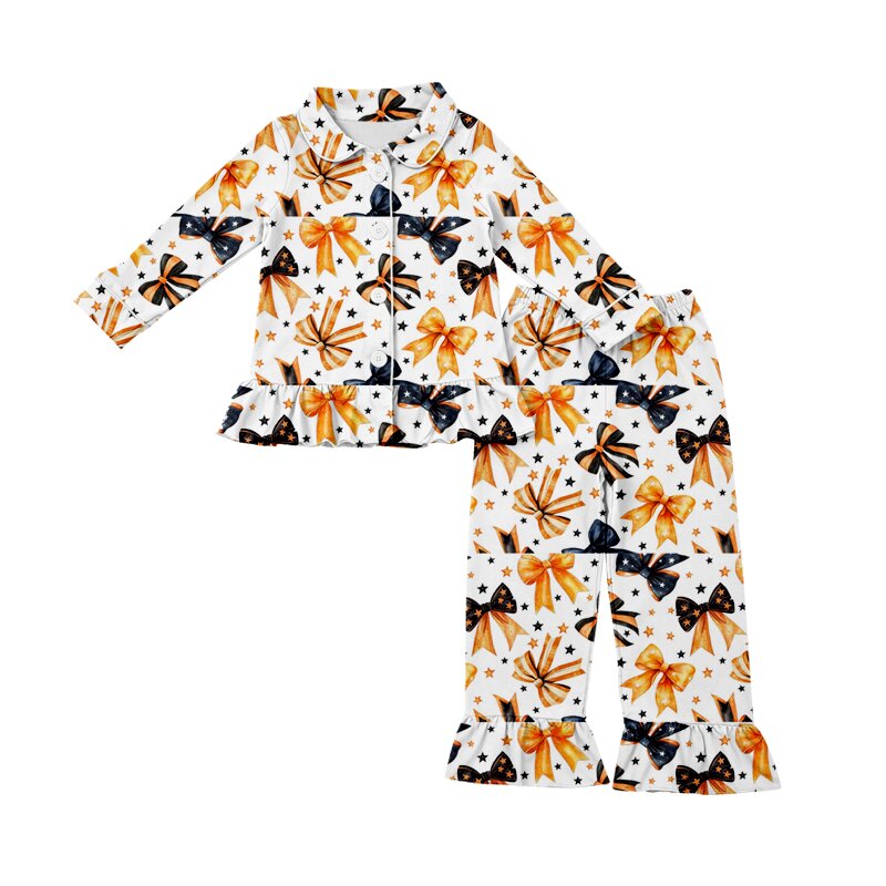 ( Moq 5 ) Preorder Baby Girls Long Sleeves Bows Stars Buttons Shirt Pants Set Halloween Pajamas