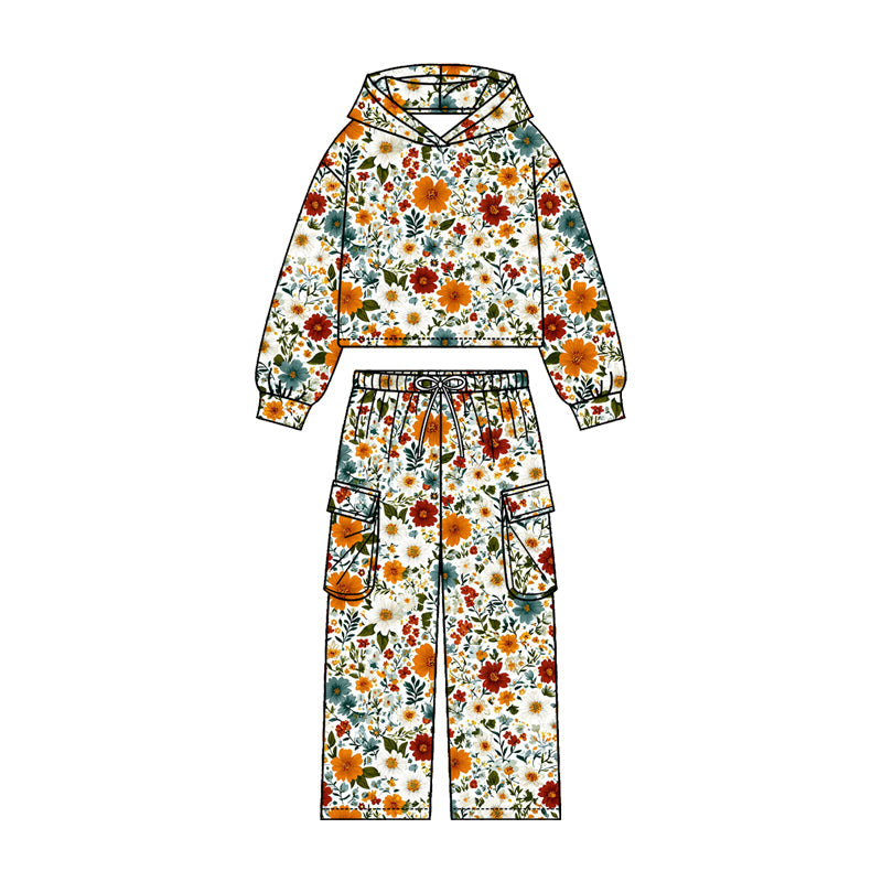 ( Moq 5 ) Preorder Baby Girls Kids Flower Long Sleeves Hoodie Shirt Pockets Pants Set Clothes