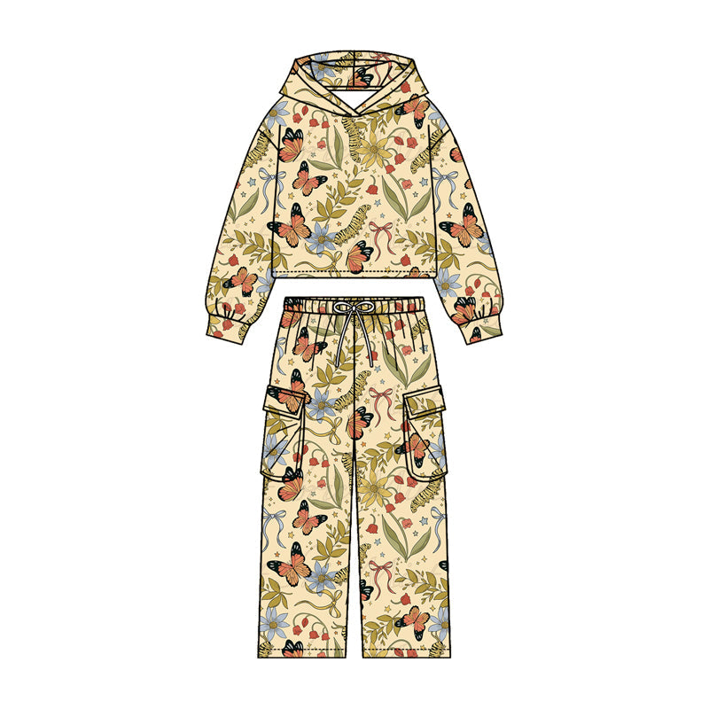 ( Moq 5 ) Preorder Baby Girls Kids Long Sleeves Butterfly Bows Hoodie Shirt Pockets Pants Set Clothes