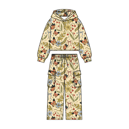 ( Moq 5 ) Preorder Baby Girls Kids Long Sleeves Butterfly Bows Hoodie Shirt Pockets Pants Set Clothes