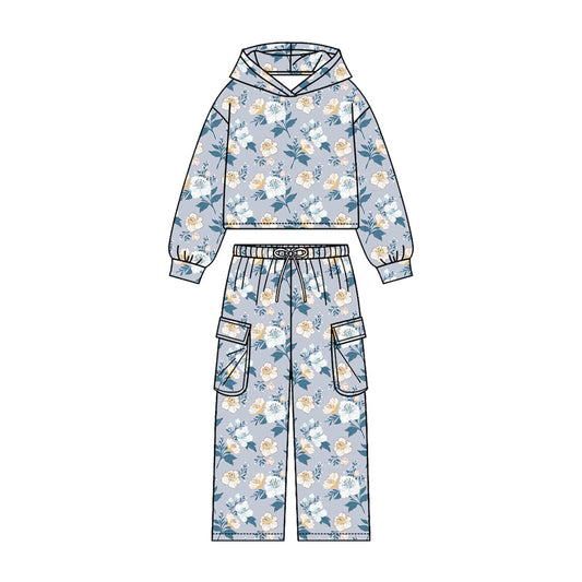 ( Moq 5 ) Preorder Baby Girls Kids Long Sleeves Hoodie Shirt Pockets Pants Set Flower Clothes